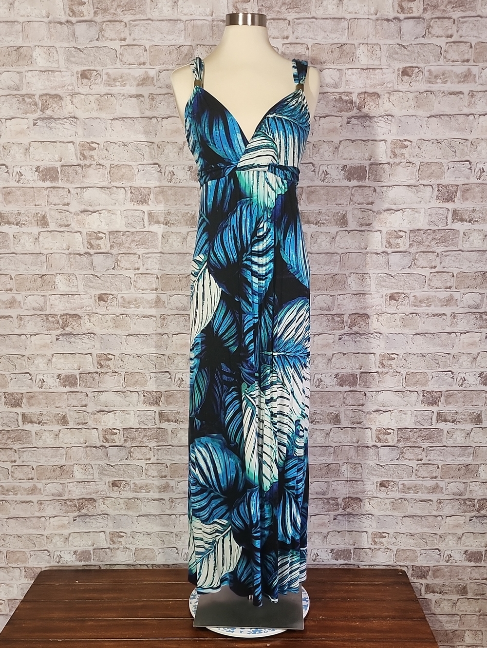 New York & Company Blue Teal Black Leaf-Print Maxi Dress